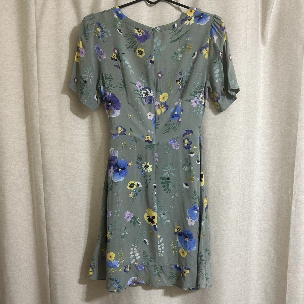 Y2K V-neck short sleeves wrap style ruffled hem Green floral pattern Dress Sz S - Picture 3 of 9